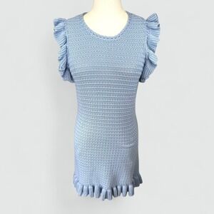 Mustard Seed NWOT LT‎ Blue Crochet Knit Mini Dress Ruffle Sleeves Keyhole Back M